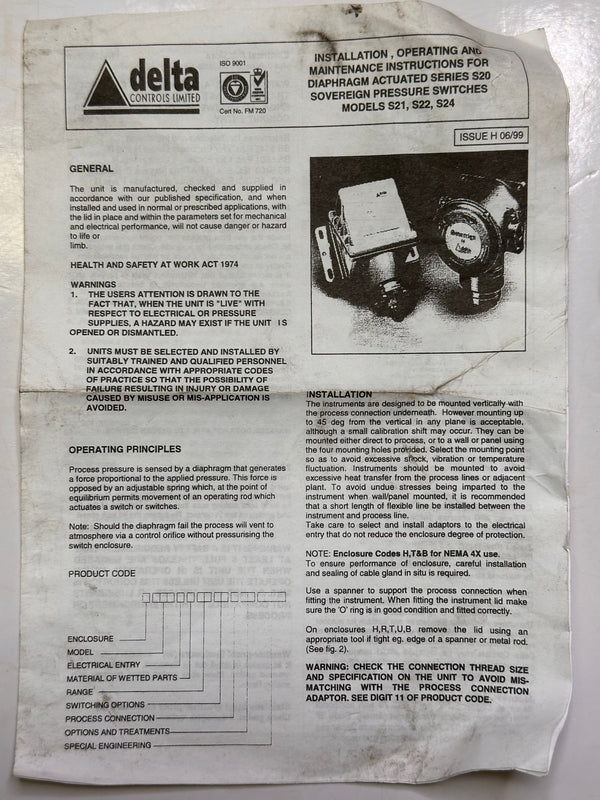 DELTA CONTROLS S20 Pressure Switch