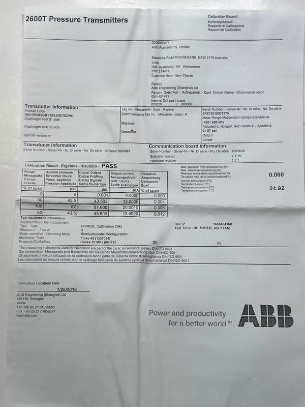 ABB 266HSHM-L5C Gauge Pressure Transmitter 266HSH MSBB1/EI/L5/B7/S2/N4