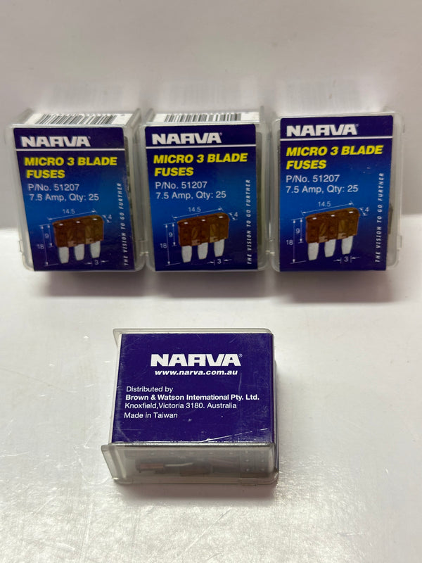 NARVA 7.5 Amp Micro 3 Blade Fuses 51207 (Brown) Box of 25