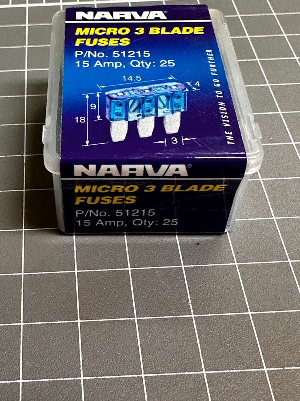 NARVA 15Amp Blue Micro 3 Blade Fuses, 51215, Box of 25