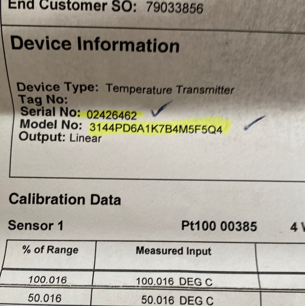 EMERSON ROSEMOUNT 3144P Temperature Transmitter, 3144PD6A1K7B4M5F5Q4